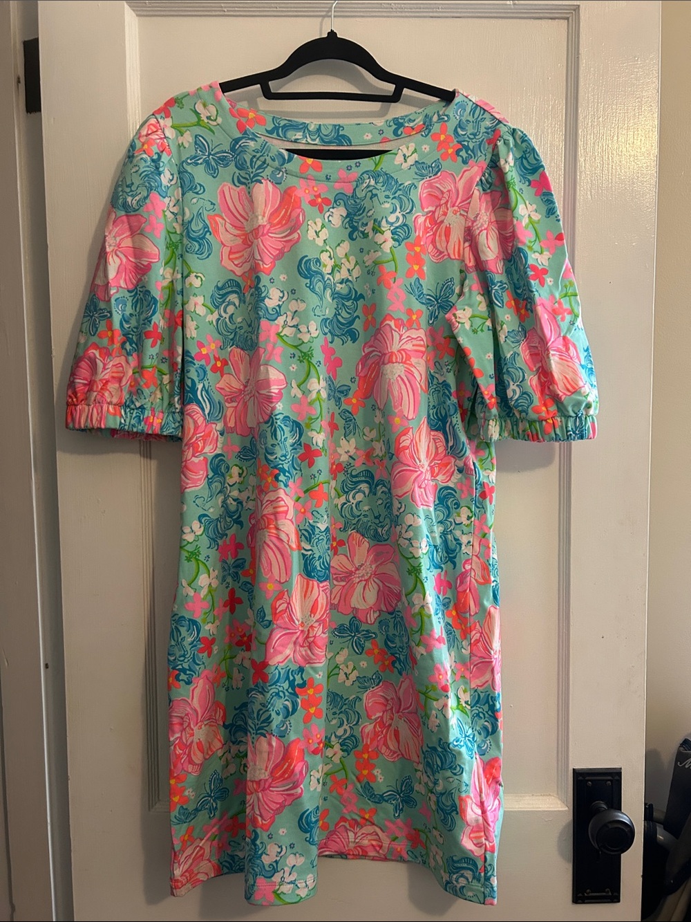 Lilly Pulitzer Aqua Floral Midi Dress with Pink and Blue